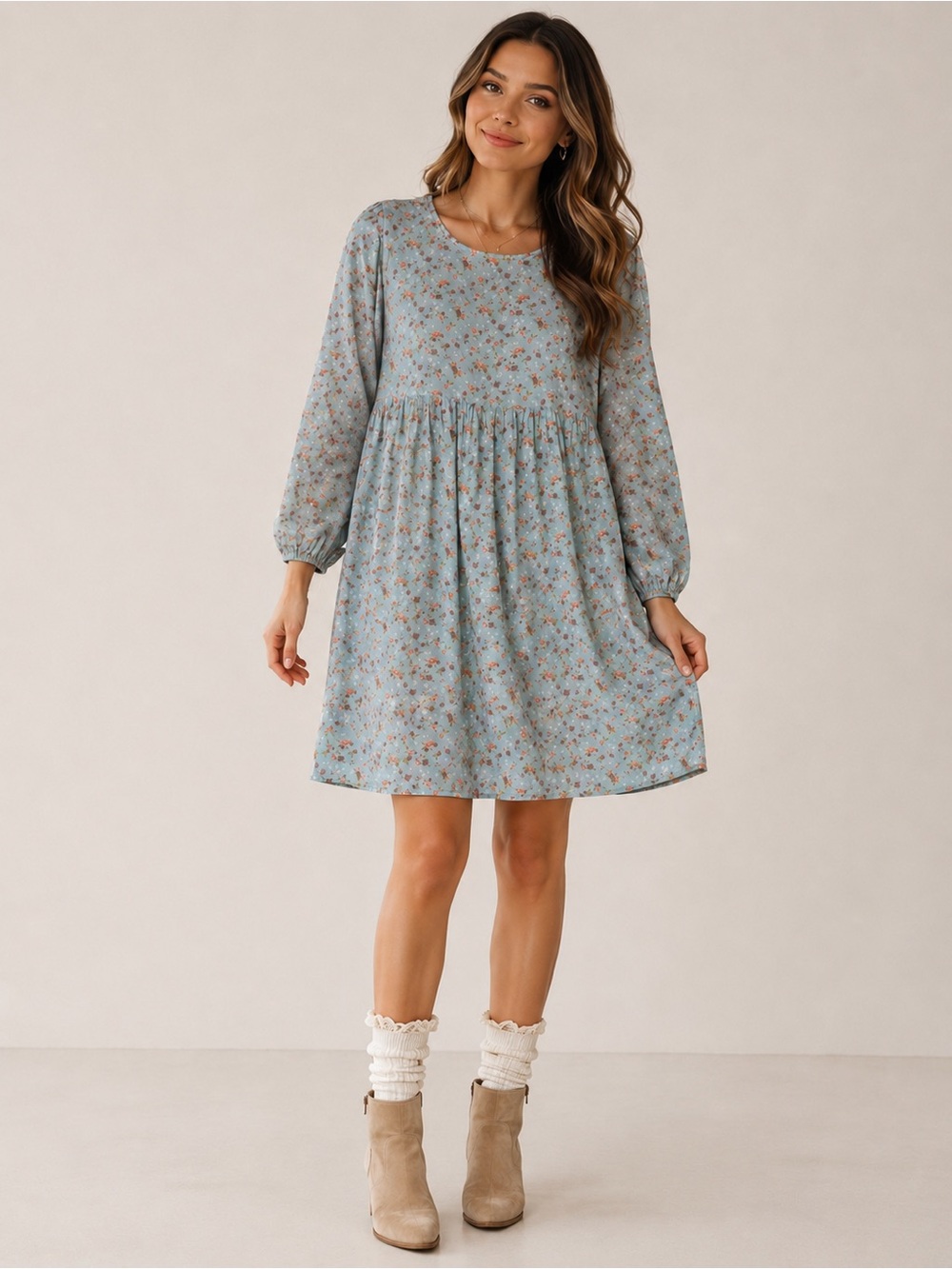 SO Light Blue Floral Long-Sleeve Mini Dress Rayon XL